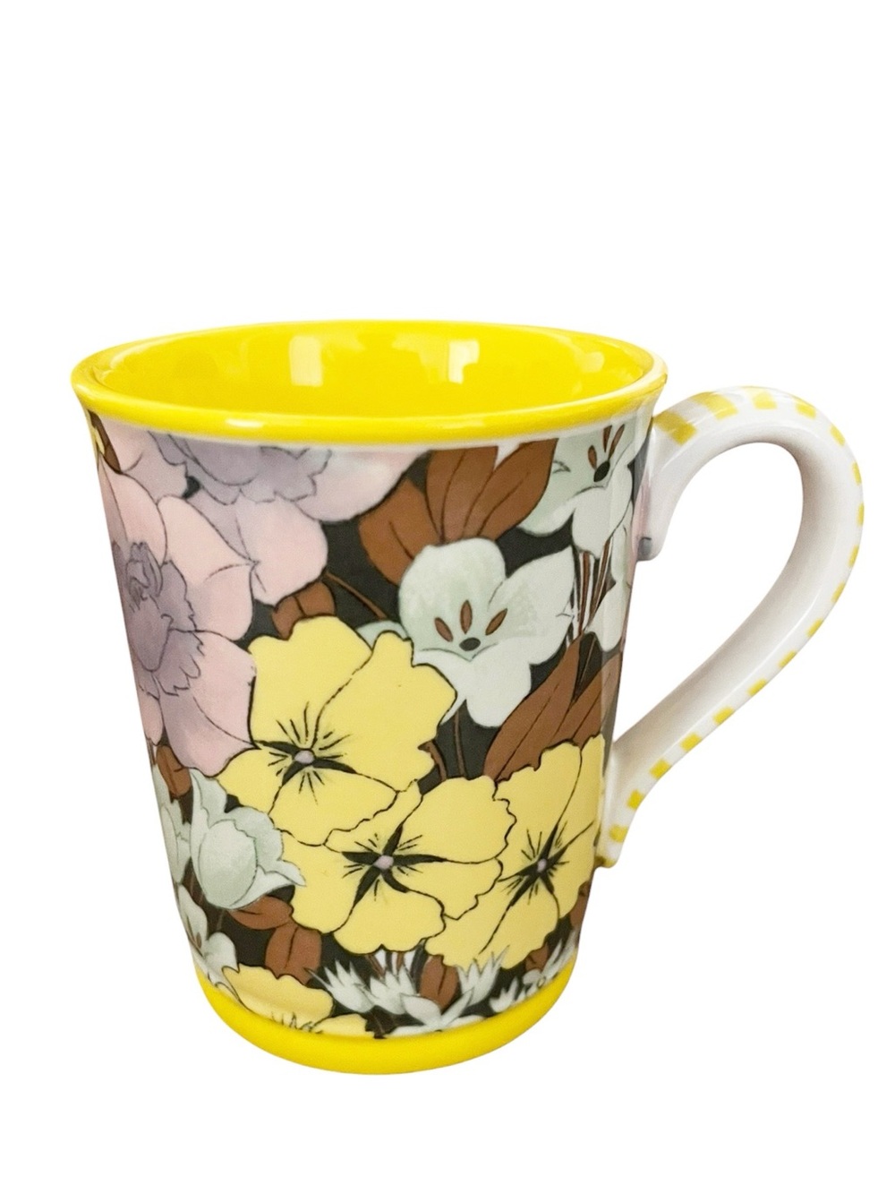 Anthropologie Lyla Yellow Floral Striped Handle Ceramic 10 Ounce Mug